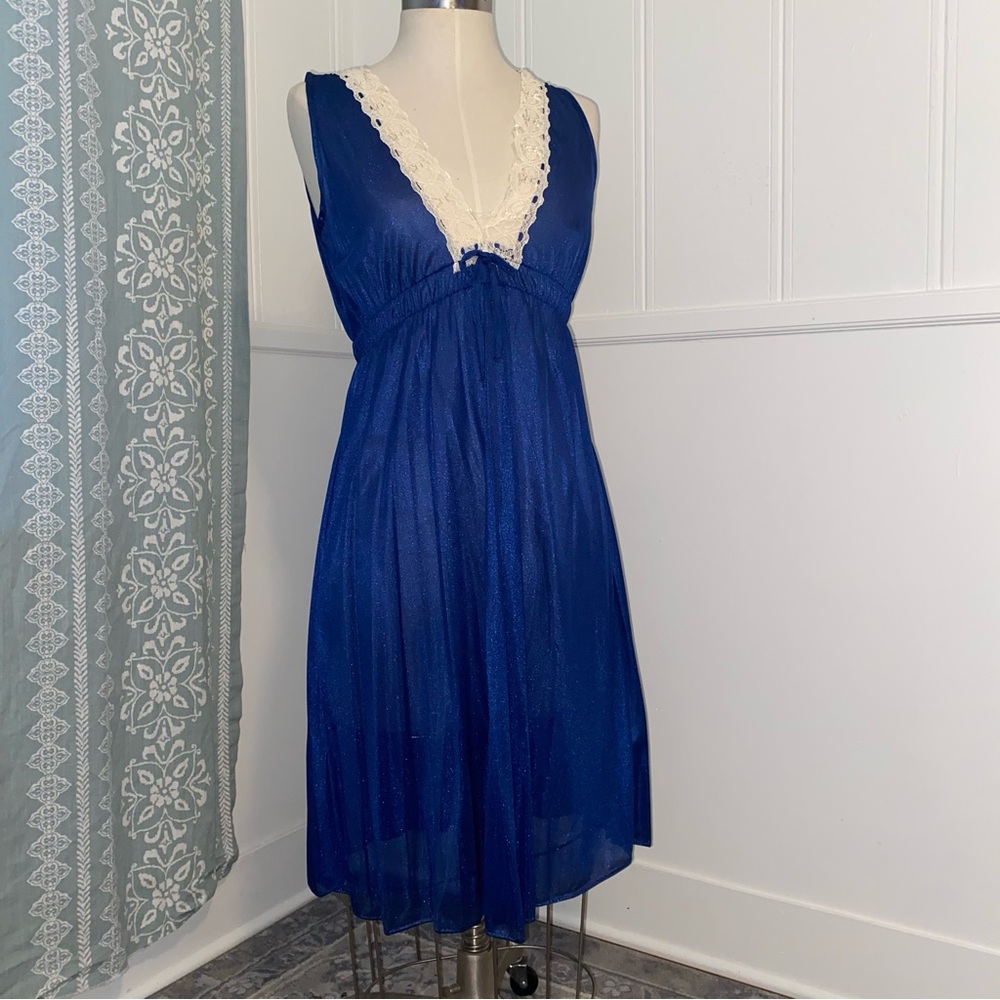 Blue Lace Trim Dress slip lingerie nightgown small